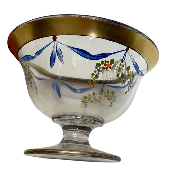 Hand-Painted Glass Compote Dish with Floral and Gold Accents, European Style - Picture 5 of 6